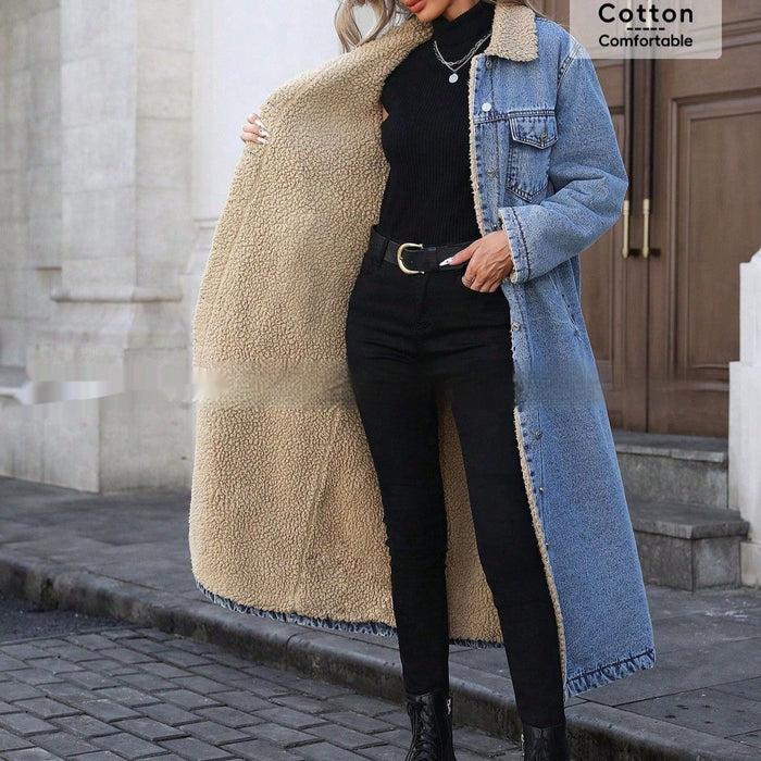 Women's Long Fleece-Lined Denim Jacket — Loose Streetwear Style
