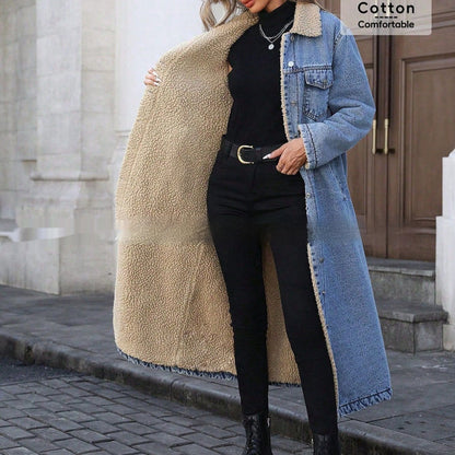 Women's Long Fleece-Lined Denim Jacket — Loose Streetwear Style