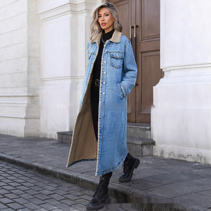 Women's Long Fleece-Lined Denim Jacket — Loose Streetwear Style