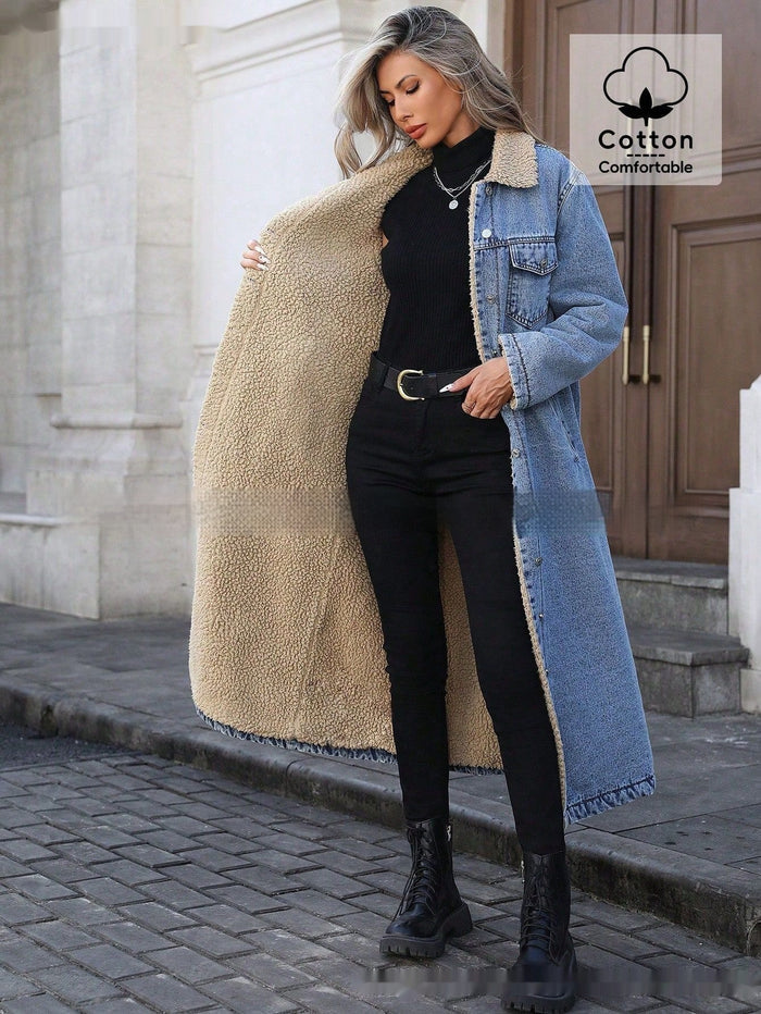Women's Long Fleece-Lined Denim Jacket — Loose Streetwear Style