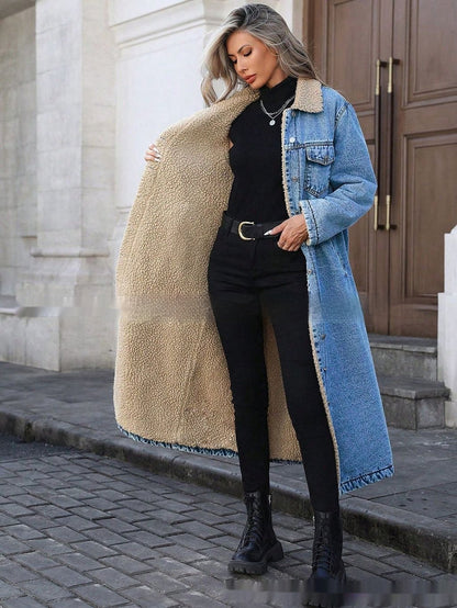 Women's Long Fleece-Lined Denim Jacket — Loose Streetwear Style