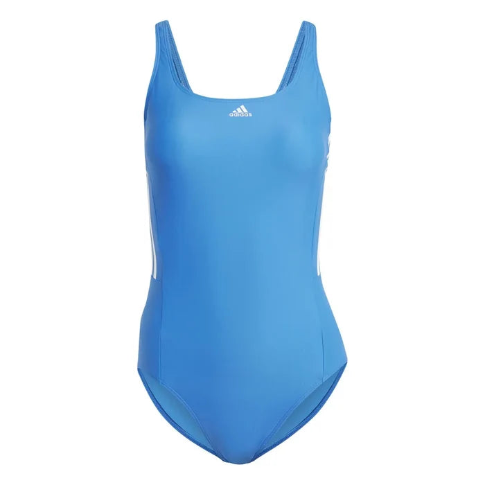 Adidas women's mid 3-stripes swimsuit in Bright Royal and white, featuring a sleek, fitted design perfect for swimming and aquatic activities.