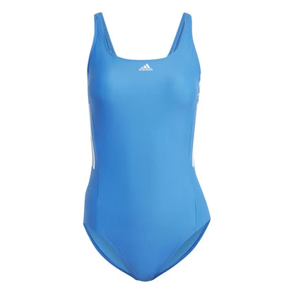 Adidas women's mid 3-stripes swimsuit in Bright Royal and white, featuring a sleek, fitted design perfect for swimming and aquatic activities.