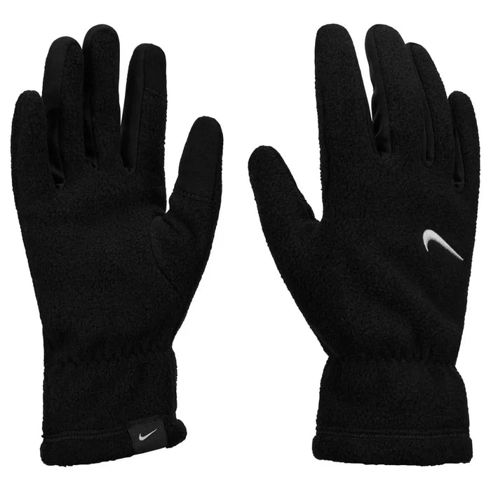 Nike Womens One Therma-Fit Fleece Tech Gloves in black and white, showcasing the fleece-lined gloves with Nike logo and sleek design.