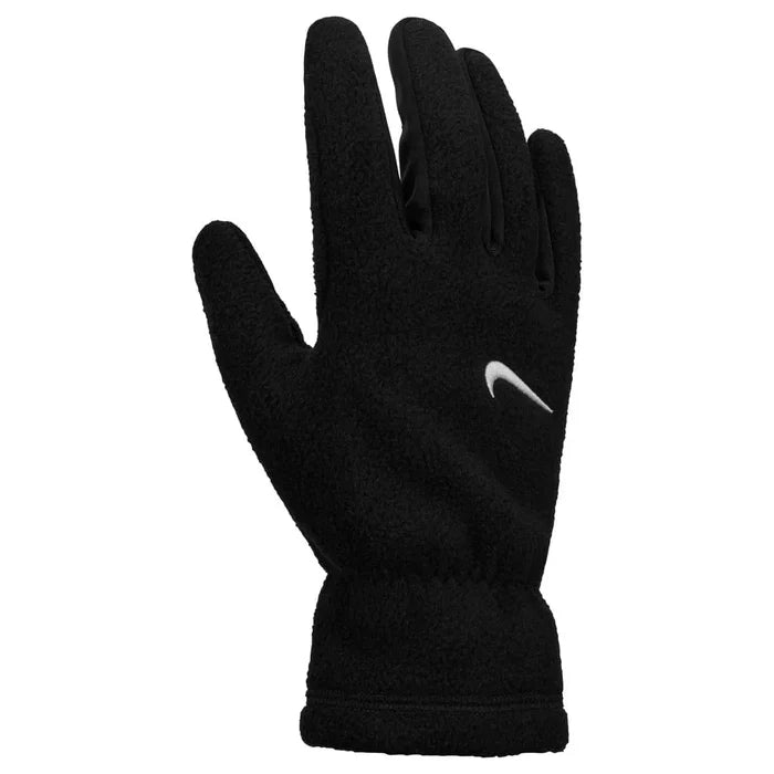 Nike women's Therma-Fit fleece tech gloves in black and white, showing close-up of the insulated gloves with textured palms.