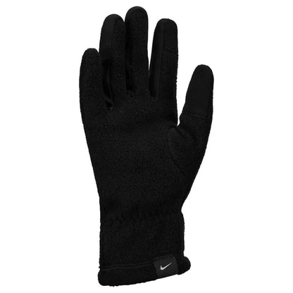 Nike Women's One Therma-Fit fleece tech gloves in black and white, featuring soft fleece material and touchscreen-compatible fingertips.
