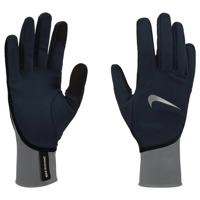 Nike women's Pacer midweight running gloves in black, smoke grey, and silver, designed for tech performance and warmth.