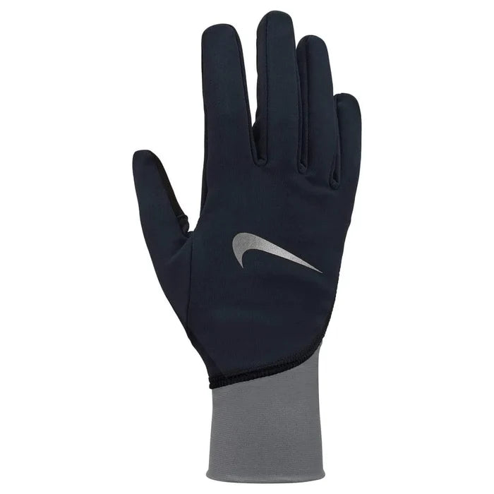 Nike women's Pacer midweight running gloves in black, smoke grey, and silver, designed for tech performance and warmth.