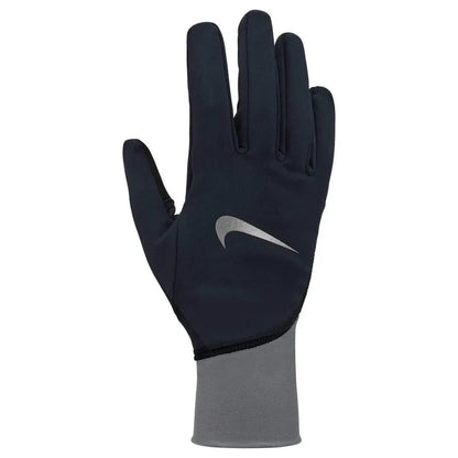 Nike women's Pacer midweight running gloves in black, smoke grey, and silver, designed for tech performance and warmth.