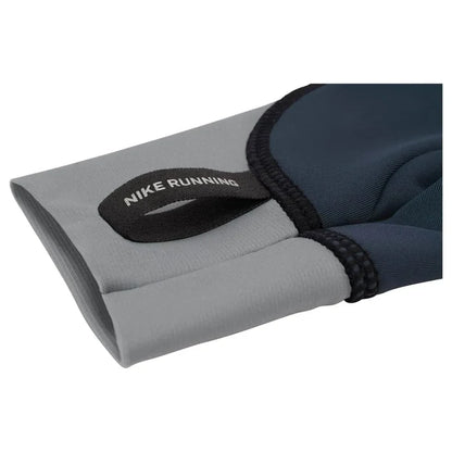 Nike women's Pacer midweight running gloves in black, smoke grey, and silver, designed for tech performance and comfort.