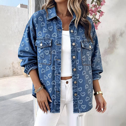 Women's Retro Full Print Heart Jacquard Denim Jacket