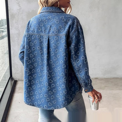 Women's Retro Full Print Heart Jacquard Denim Jacket