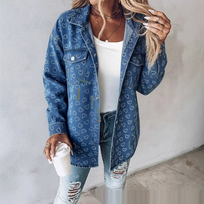 Women's Retro Full Print Heart Jacquard Denim Jacket