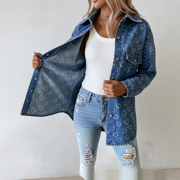 Women's Retro Full Print Heart Jacquard Denim Jacket