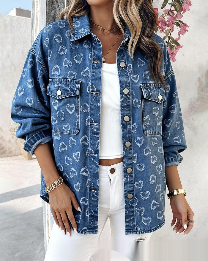 Women's Retro Full Print Heart Jacquard Denim Jacket