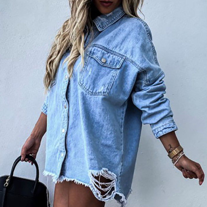 Women's Ripped Denim Jacket - Distressed Mid-Length Top