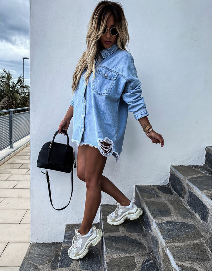 Women's Ripped Denim Jacket - Distressed Mid-Length Top