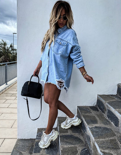 Women's Ripped Denim Jacket - Distressed Mid-Length Top