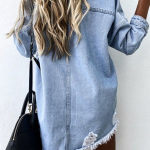 Women's Ripped Denim Jacket - Distressed Mid-Length Top