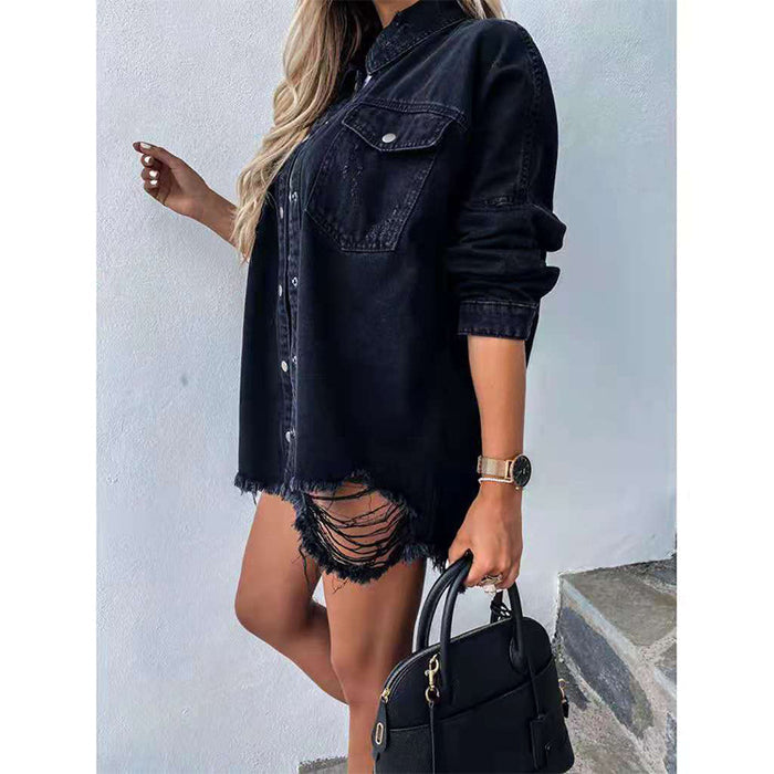 Women's Ripped Denim Jacket - Distressed Mid-Length Top