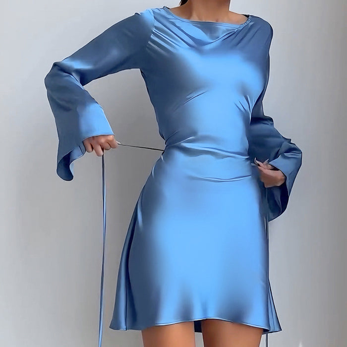 Women's Satin Lace-Up Dress - Waist Trimming Bodycon Dress