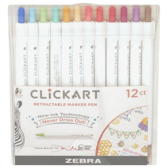Zebra - CLiCKART Retractable Marker Pen Set - Light Colour Palette. Perfect for journaling, colour coding, drawing, and writing. At Embellish Away in Bowmnaville Ontario Canada.