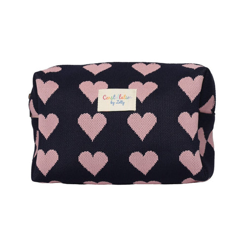 Zelly Woven Navy Pink Heart Cosmetics Wash Bag