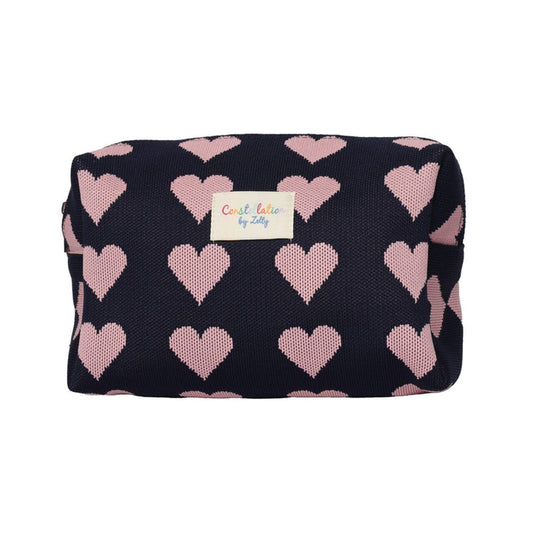 Zelly Woven Navy Pink Heart Cosmetics Wash Bag