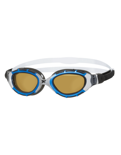 Zoggs Predator Flex polarized ultra goggles with blue-white frame and gold lenses
