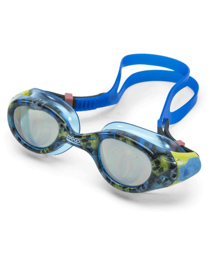 Zoggs Sea Demon junior blue green patterned goggles with split yoke strap