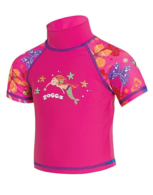Zoggs Tots Girls pink mermaid sun protection top with butterflies and stars