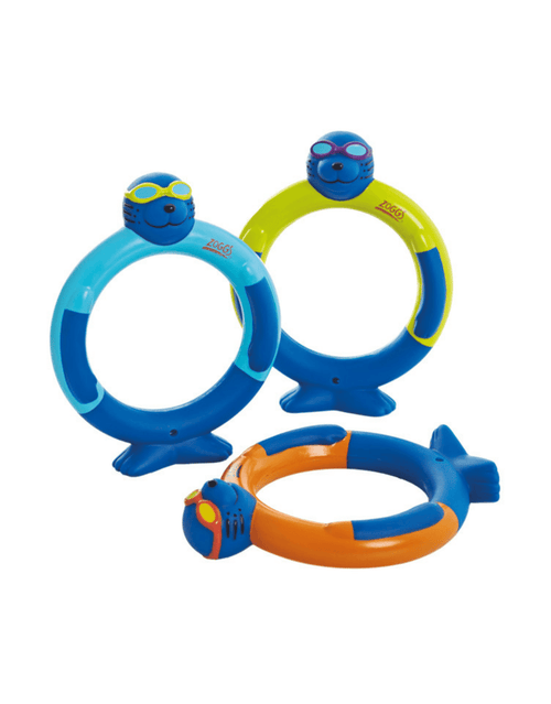Playful blue and orange Zoggy dive rings fish pool floats, pack of 3